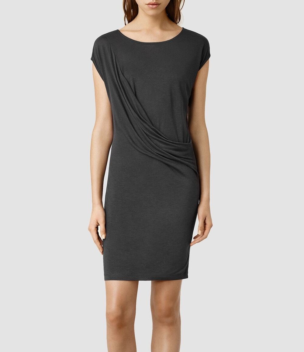 AllSaints Sabie Cinder Gray Black Drape Ruched Cap Sleeve Wide Neck Dress Size 0